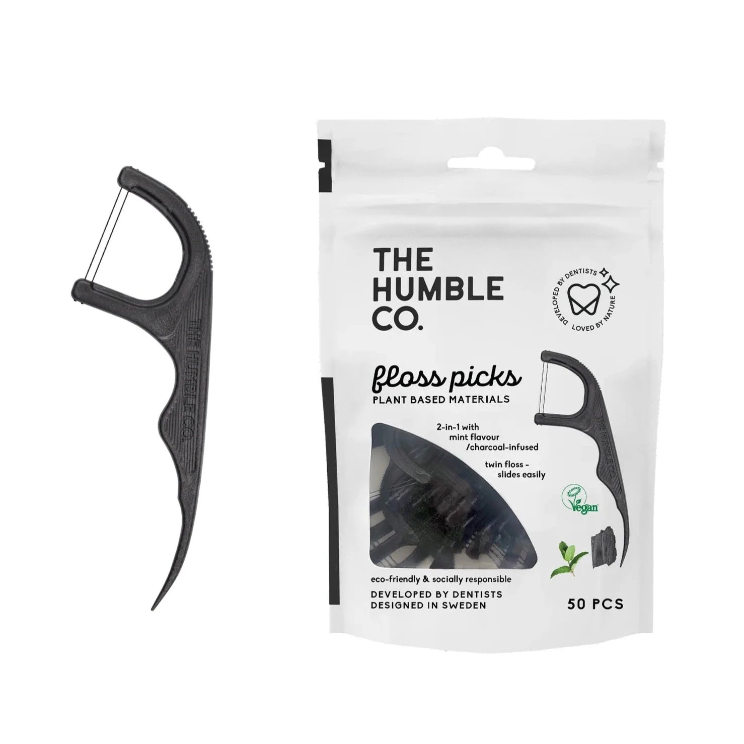 Charcoal Floss Picks 50 pieces - Eco Natural Products - Humble Brush - Floss Picks