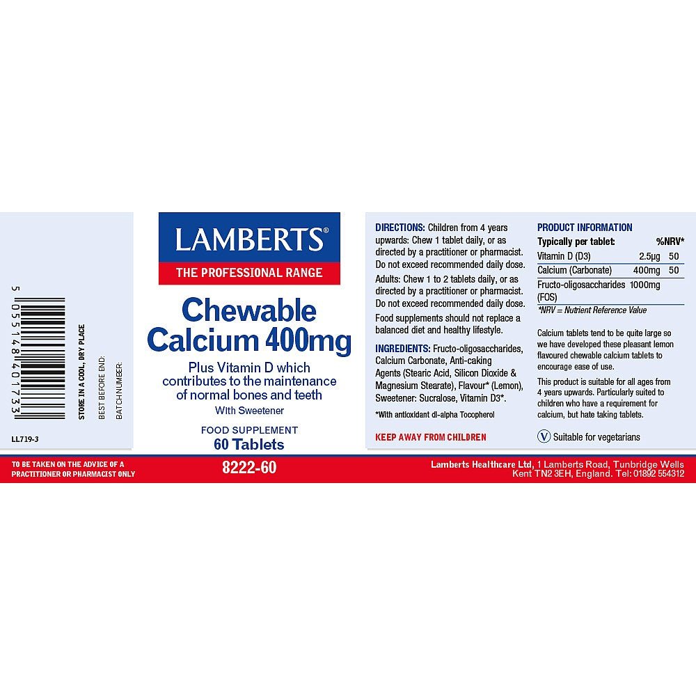 Chewable Calcium 400mg 60 Tabs - Lamberts - Food Supplement - Eco Natural Products