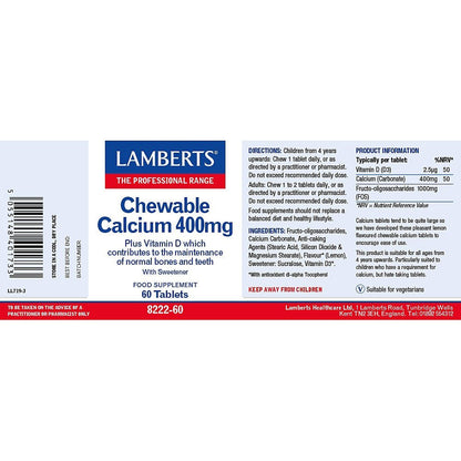 Chewable Calcium 400mg 60 Tabs - Lamberts - Food Supplement - Eco Natural Products