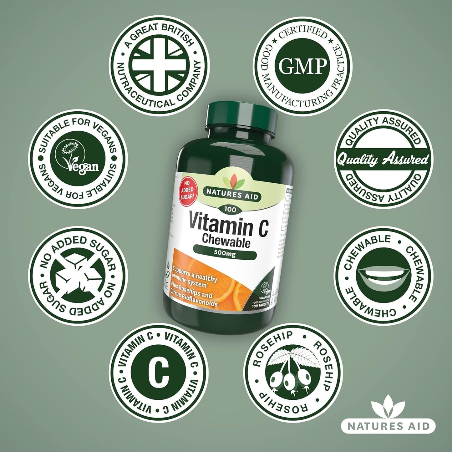 Chewable Vitamin C 500mg 100 Tablets - Natures Aid - Vitamins & Supplements - Eco Natural Products