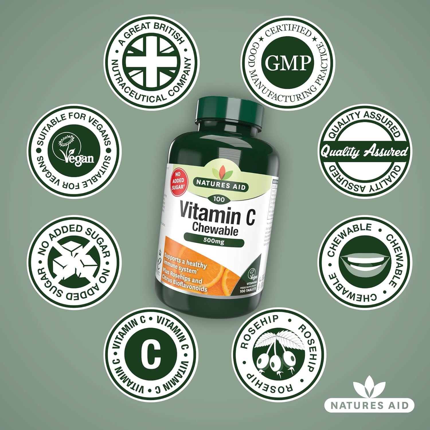 Chewable Vitamin C 500mg 100 Tablets - Natures Aid - Vitamins & Supplements - Eco Natural Products