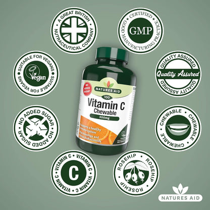 Chewable Vitamin C 500mg 100 Tablets - Natures Aid - Vitamins & Supplements - Eco Natural Products