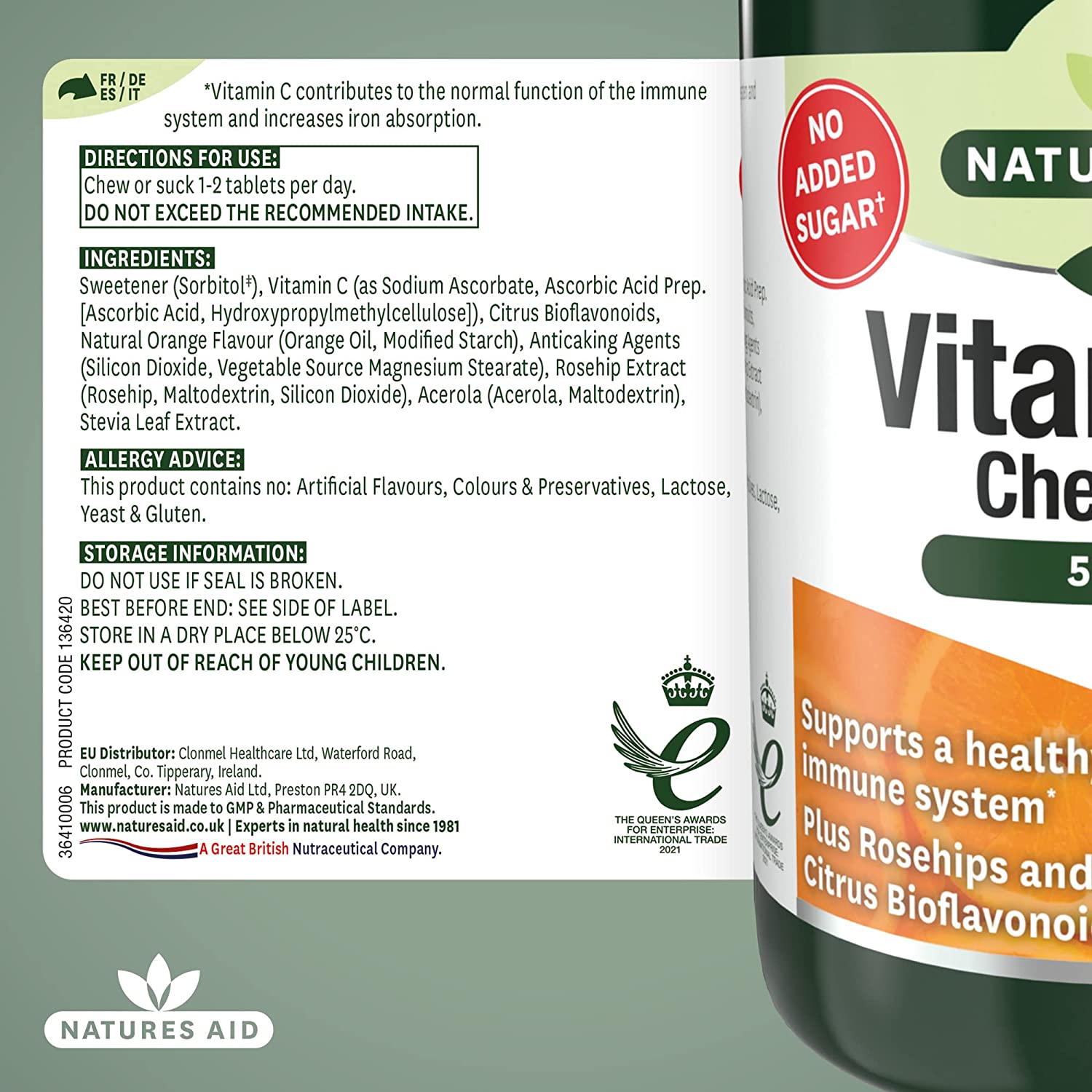 Chewable Vitamin C 500mg 100 Tablets - Natures Aid - Vitamins & Supplements - Eco Natural Products