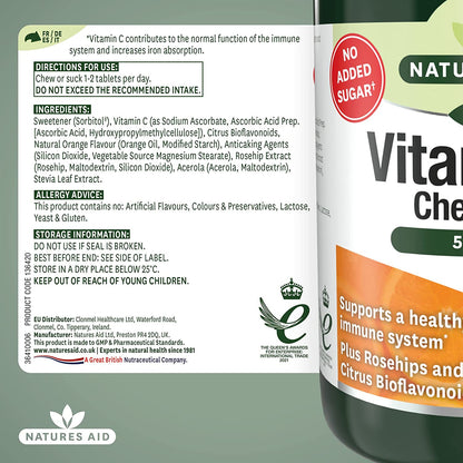 Chewable Vitamin C 500mg 100 Tablets - Natures Aid - Vitamins & Supplements - Eco Natural Products