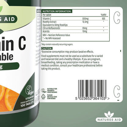 Chewable Vitamin C 500mg 100 Tablets - Natures Aid - Vitamins & Supplements - Eco Natural Products