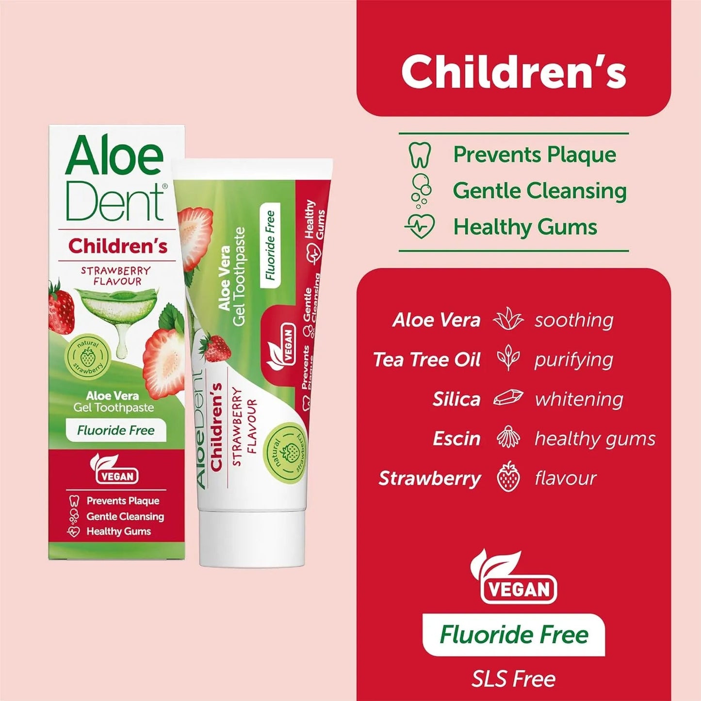 Children's Aloe Vera Toothpaste Strawberry Fluoride Free 50ml - Aloe Dent - Toothpaste - Aloe Dent