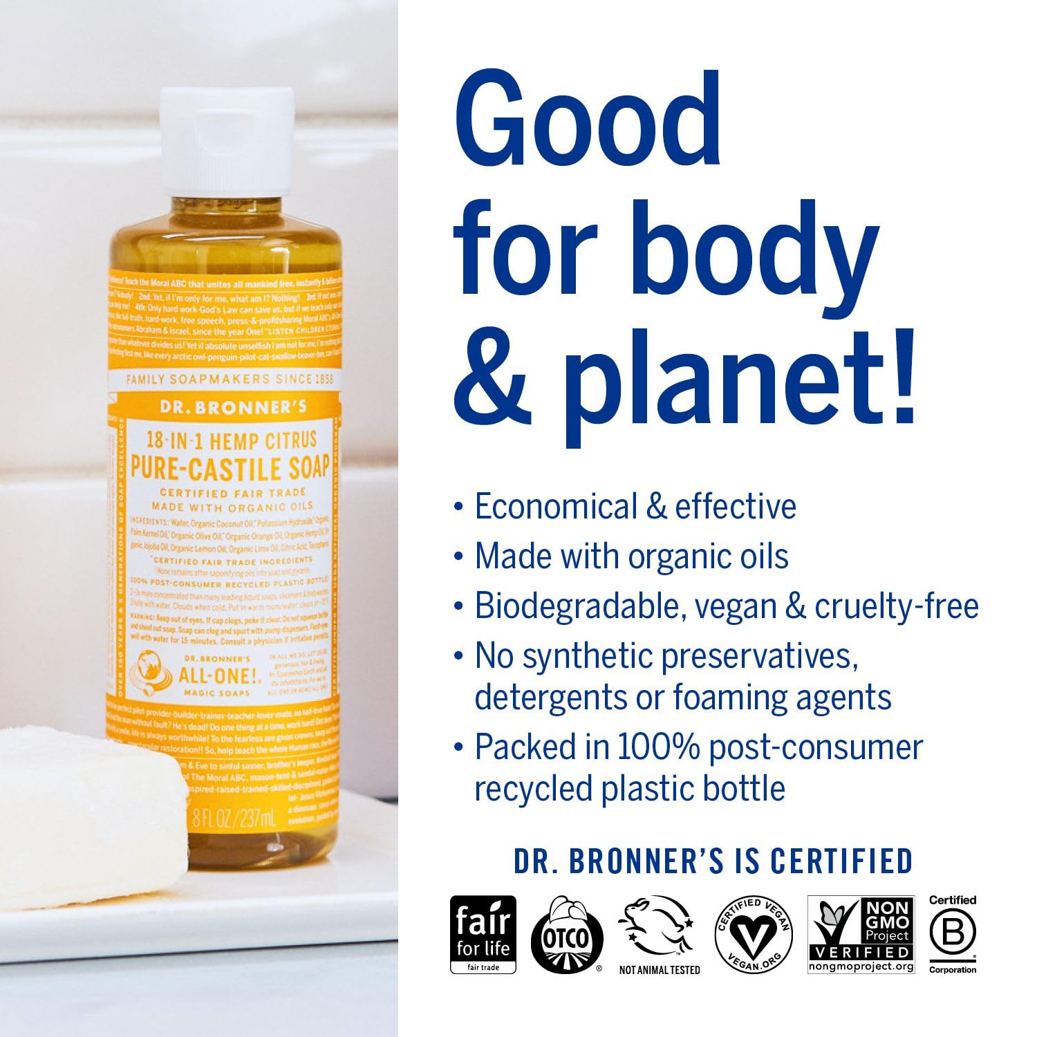 Citrus Pure - Castile Liquid Soap 60ml 237ml - Eco Natural Products - Dr. Bronner - Liquid Soap