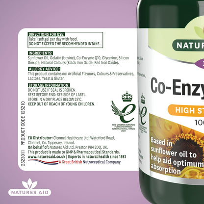 Co - Enzyme Q10 High Strength 100mg 30 Softgels - Natures Aid - Vitamins & Supplements - Eco Natural Products