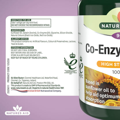 Co - Enzyme Q10 High Strength 100mg 90 Softgels - Natures Aid - Vitamins & Supplements - Eco Natural Products