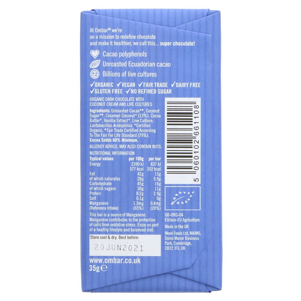 Coco 60% Cacao Chocolate Bar 35g - Ombar - Chocolate Bar - Eco Natural Products