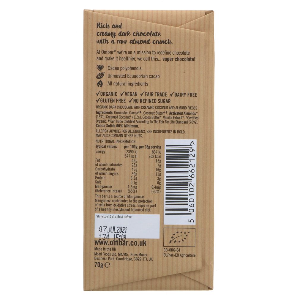 Coco Almond 60% Cacao Chocolate Bar 70g - Ombar - Chocolate Bar - Eco Natural Products