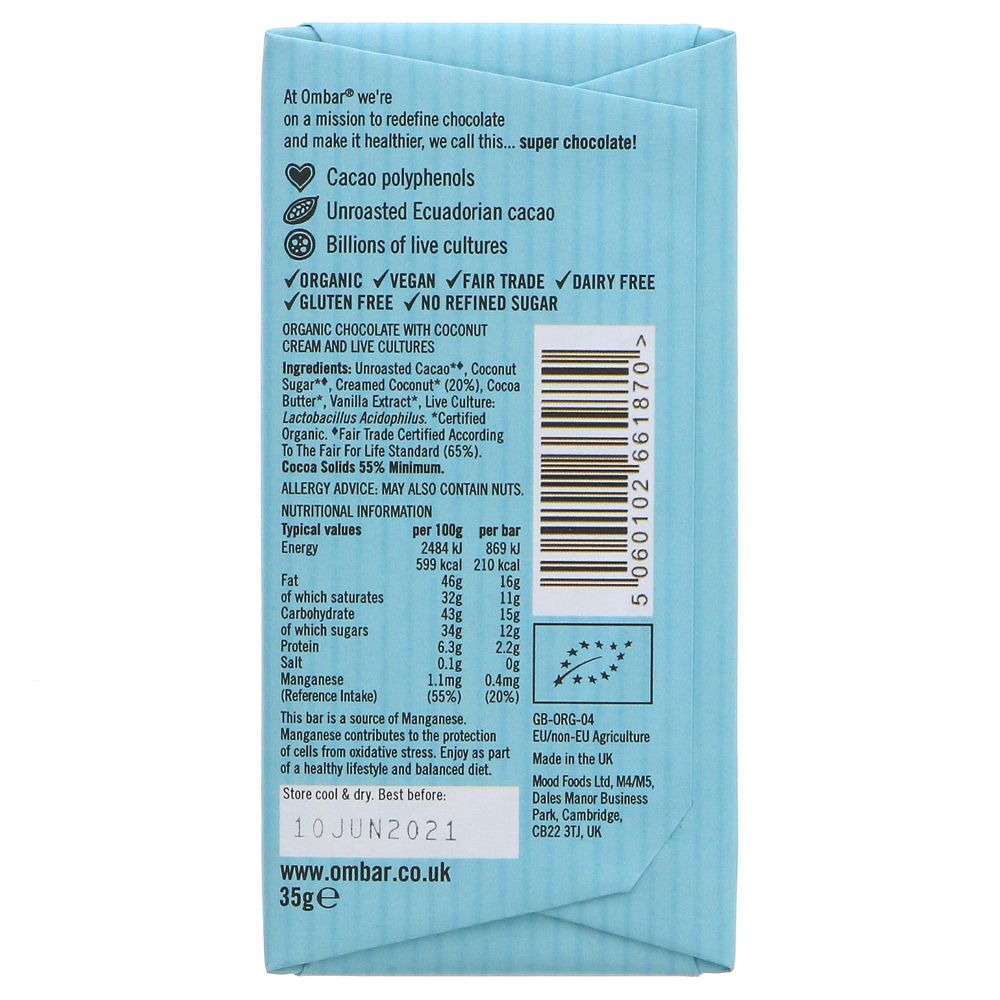 Coco Milk 55% Cacao Chocolate Bar 35g - Eco Natural Products - Ombar - Chocolate Bar