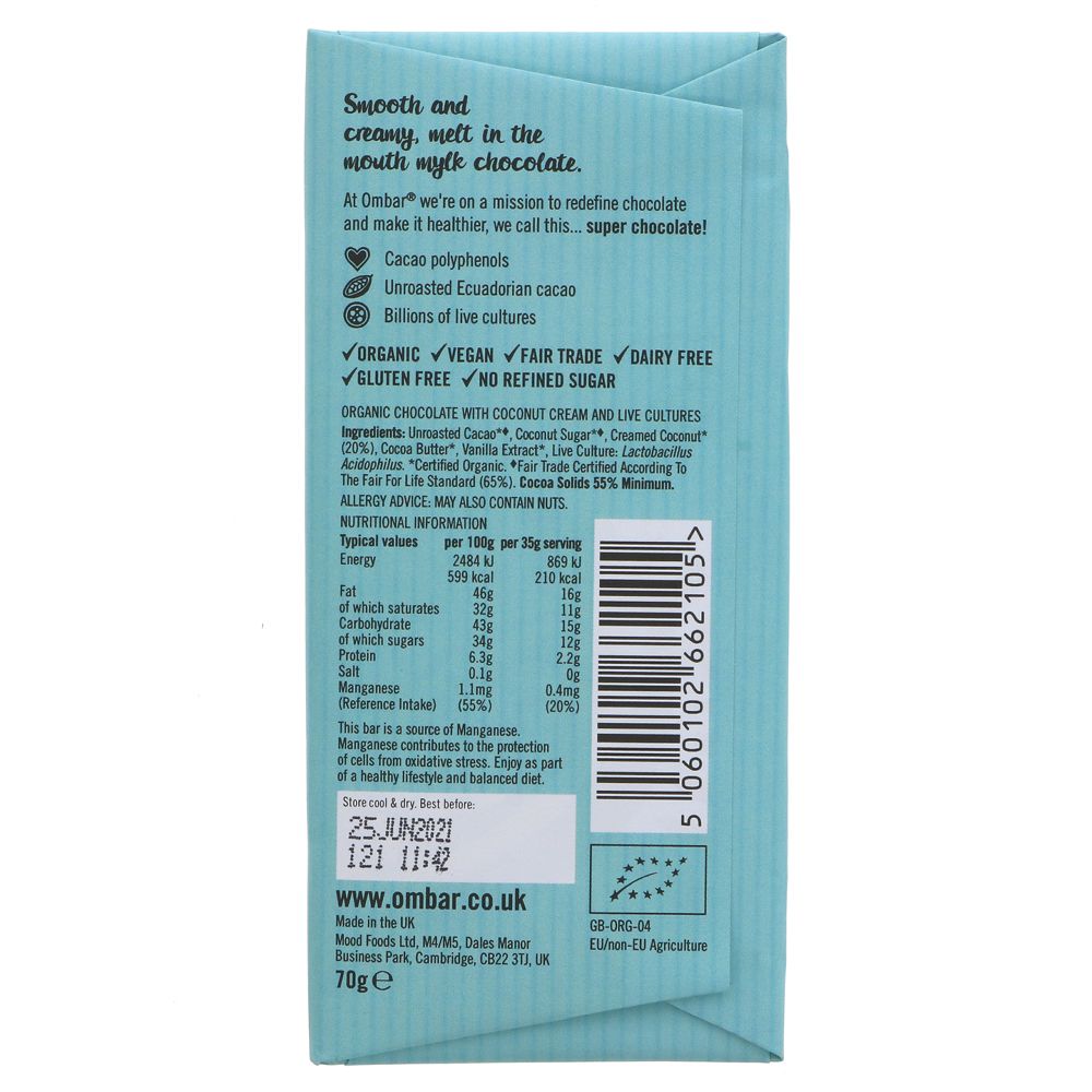 Coco Milk 55% Cacao Chocolate Bar 70g - Ombar - Chocolate Bar - Eco Natural Products