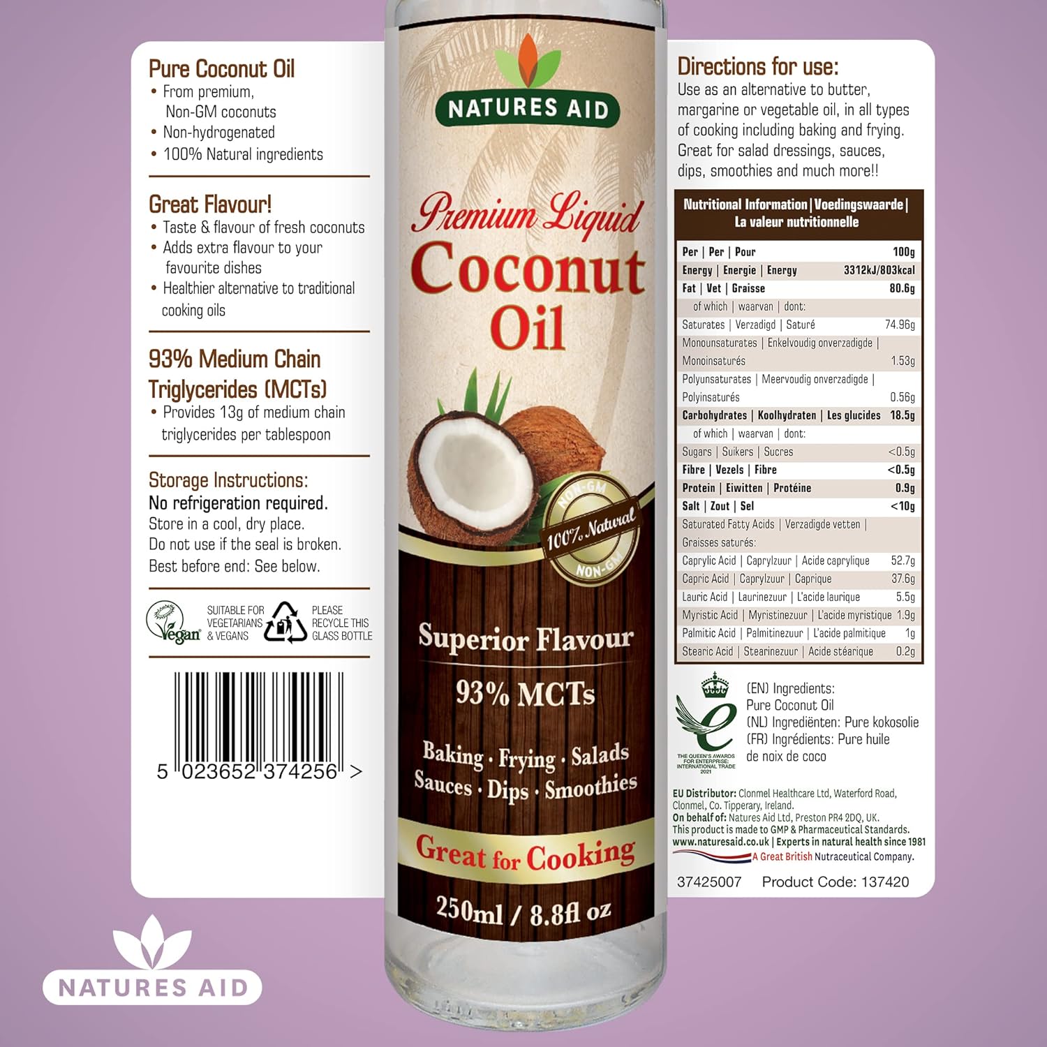 Coconut Oil 250ml - Eco Natural Products - Natures Aid - Oil Liquid