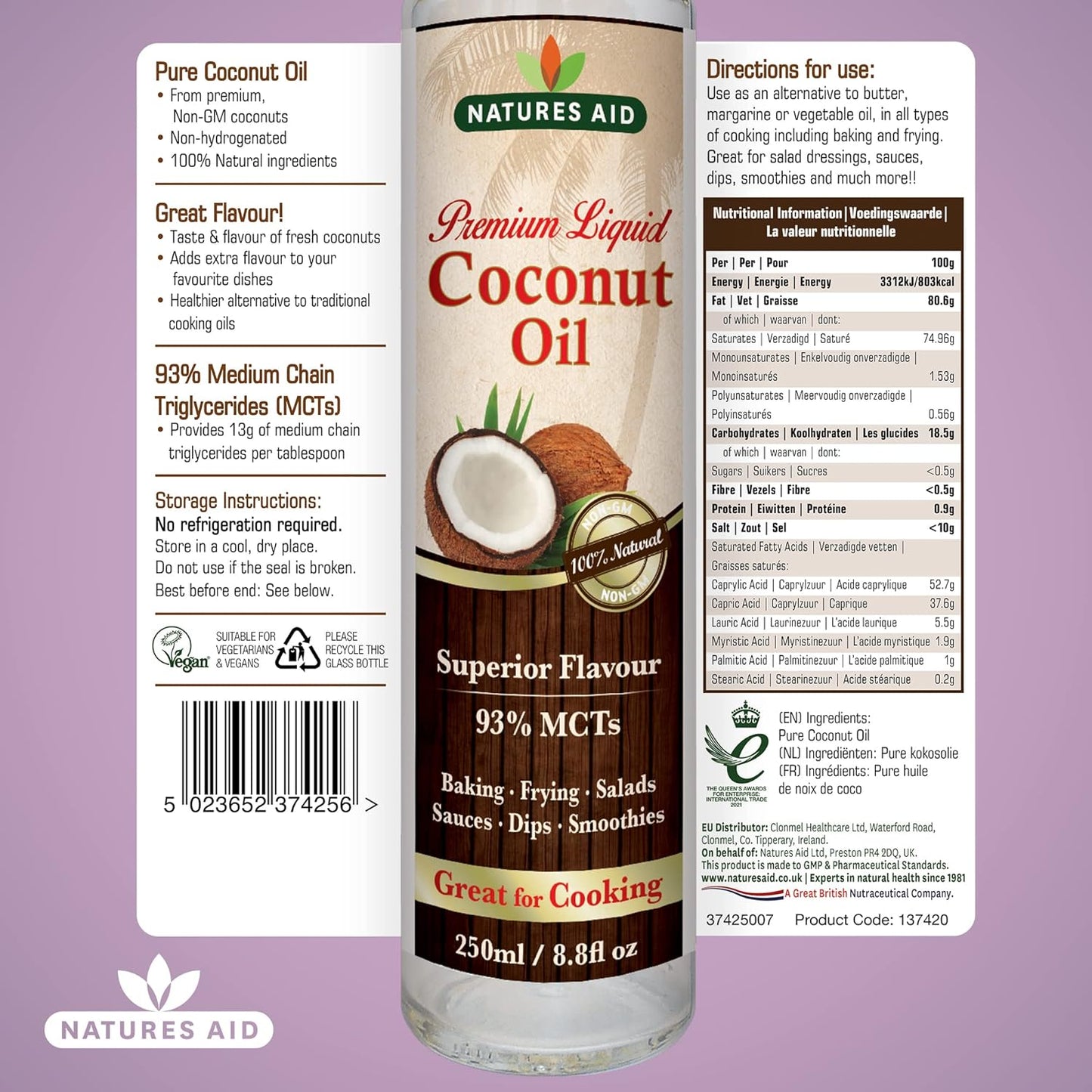 Coconut Oil 250ml - Natures Aid - Oil Liquid - Eco Natural Products