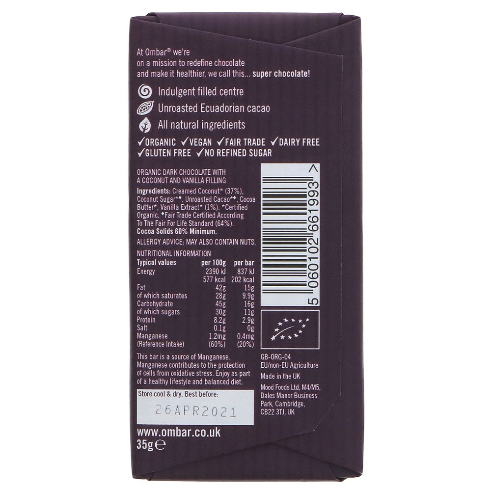 Coconut & Vanilla Centres Chocolate Bar 70g - Eco Natural Products - Ombar - Chocolate Bar