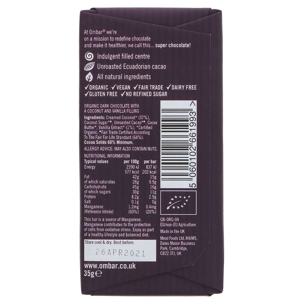 Coconut & Vanilla Centres Chocolate Bar 70g - Ombar - Chocolate Bar - Eco Natural Products