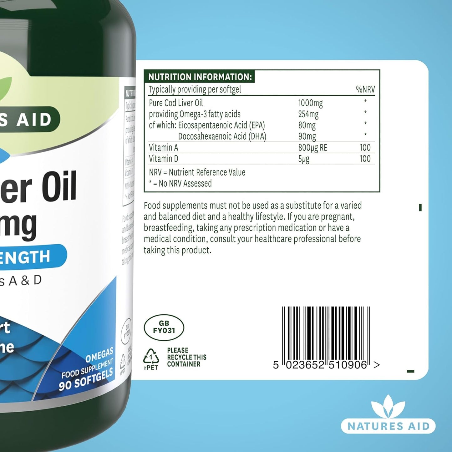 Cod Liver Oil 1000mg 90 Softgels - Natures Aid - Vitamins & Supplements - Eco Natural Products