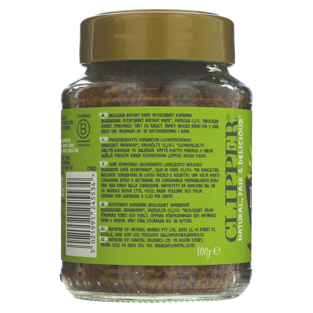 Clipper Instant Freeze Dried Decaf Coffee 100g side 1 packaging