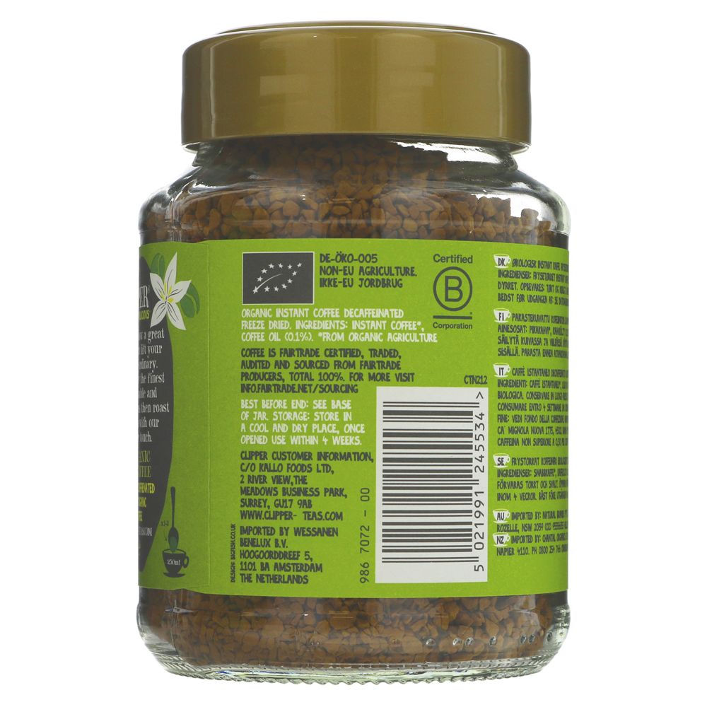 Clipper Instant Freeze Dried Decaf Coffee 100g side 2 packaging