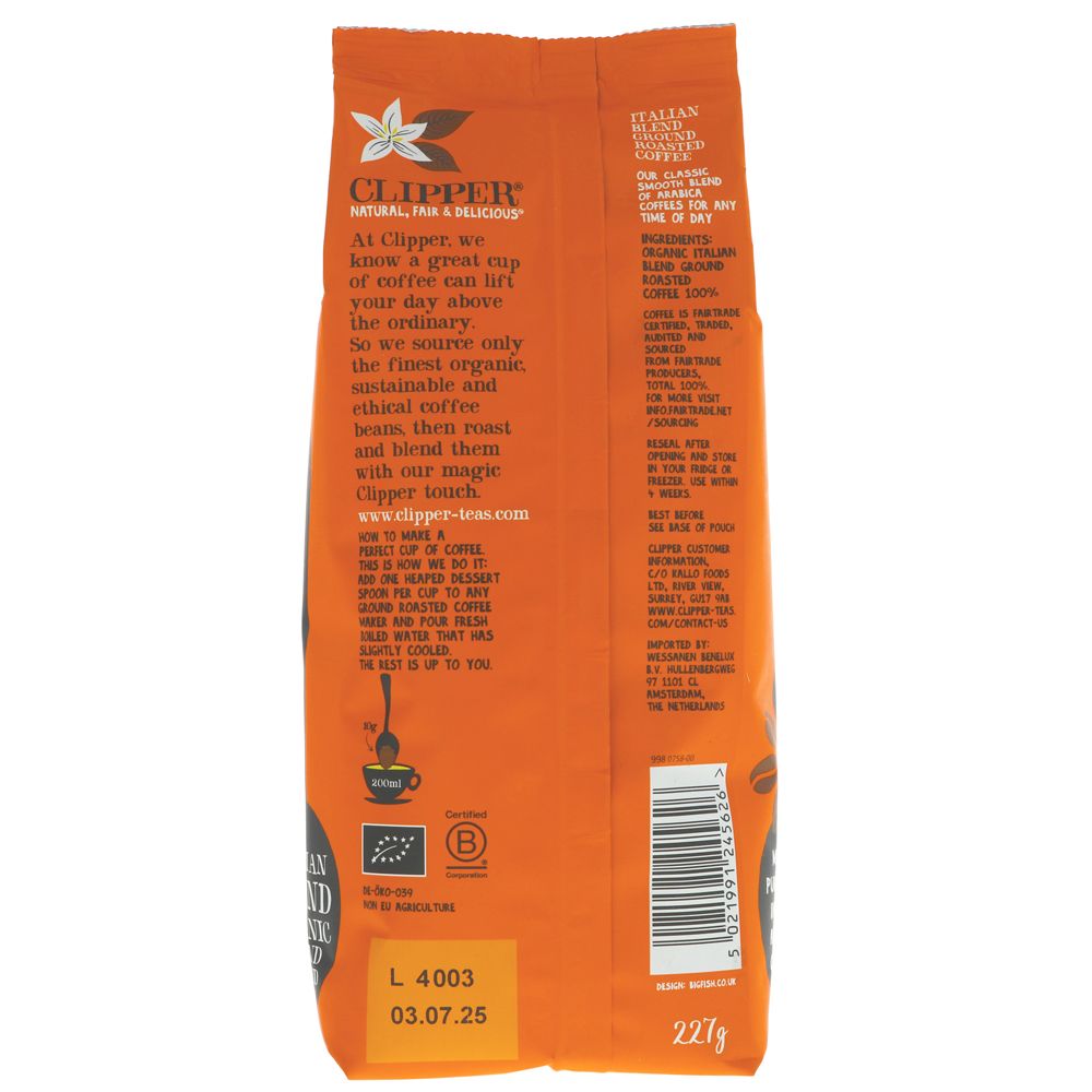Clipper Italian Style Roast and Ground Coffee 227g side 1 packaging