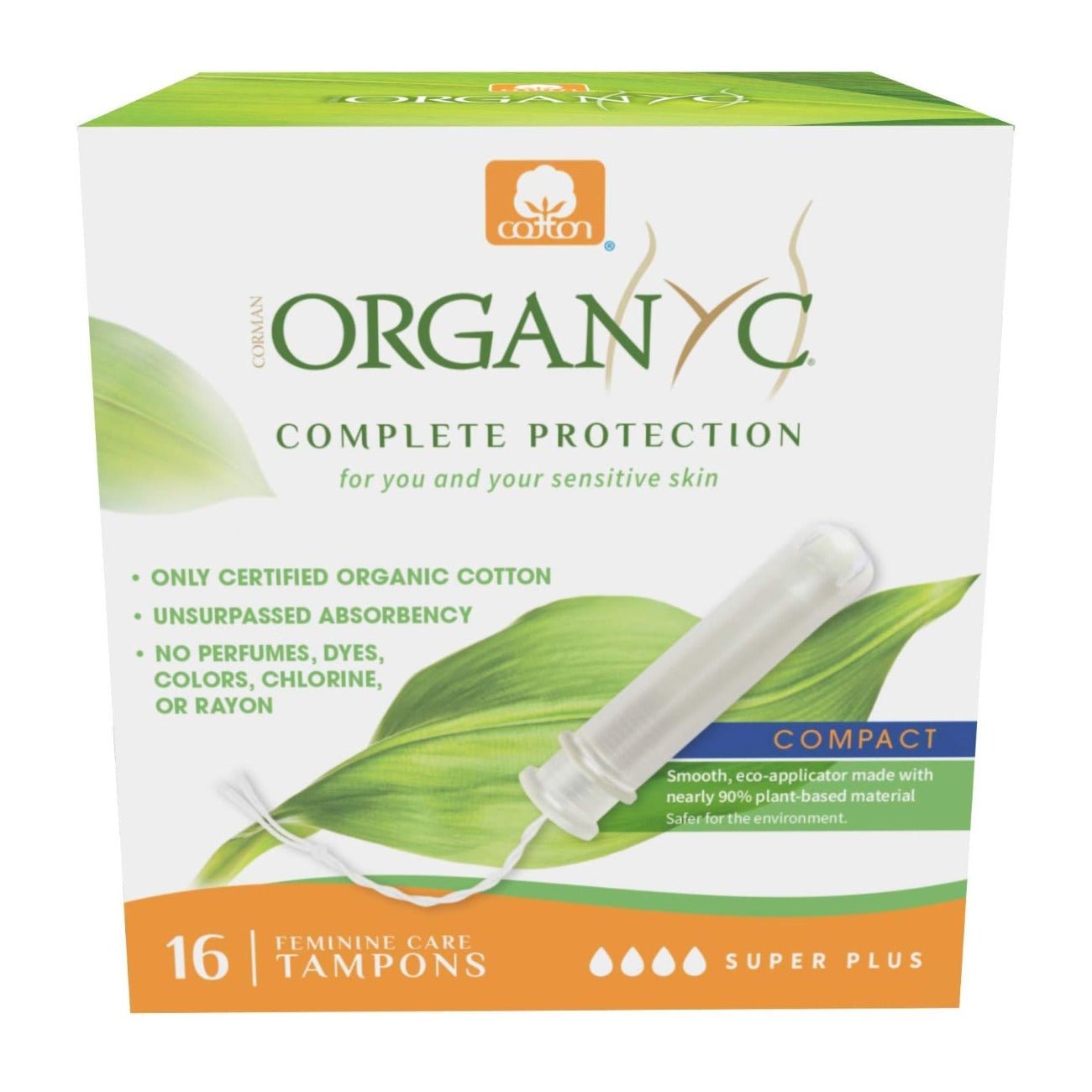 Compact Tampons with Applicator Cotton Super Plus 16 per pack - Eco Natural Products - Organyc - Tampons