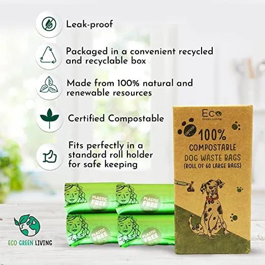 Compostable Dog Waste Bags 60 Bags - Eco Green Living - Pet Waste Bags - Eco Green Living