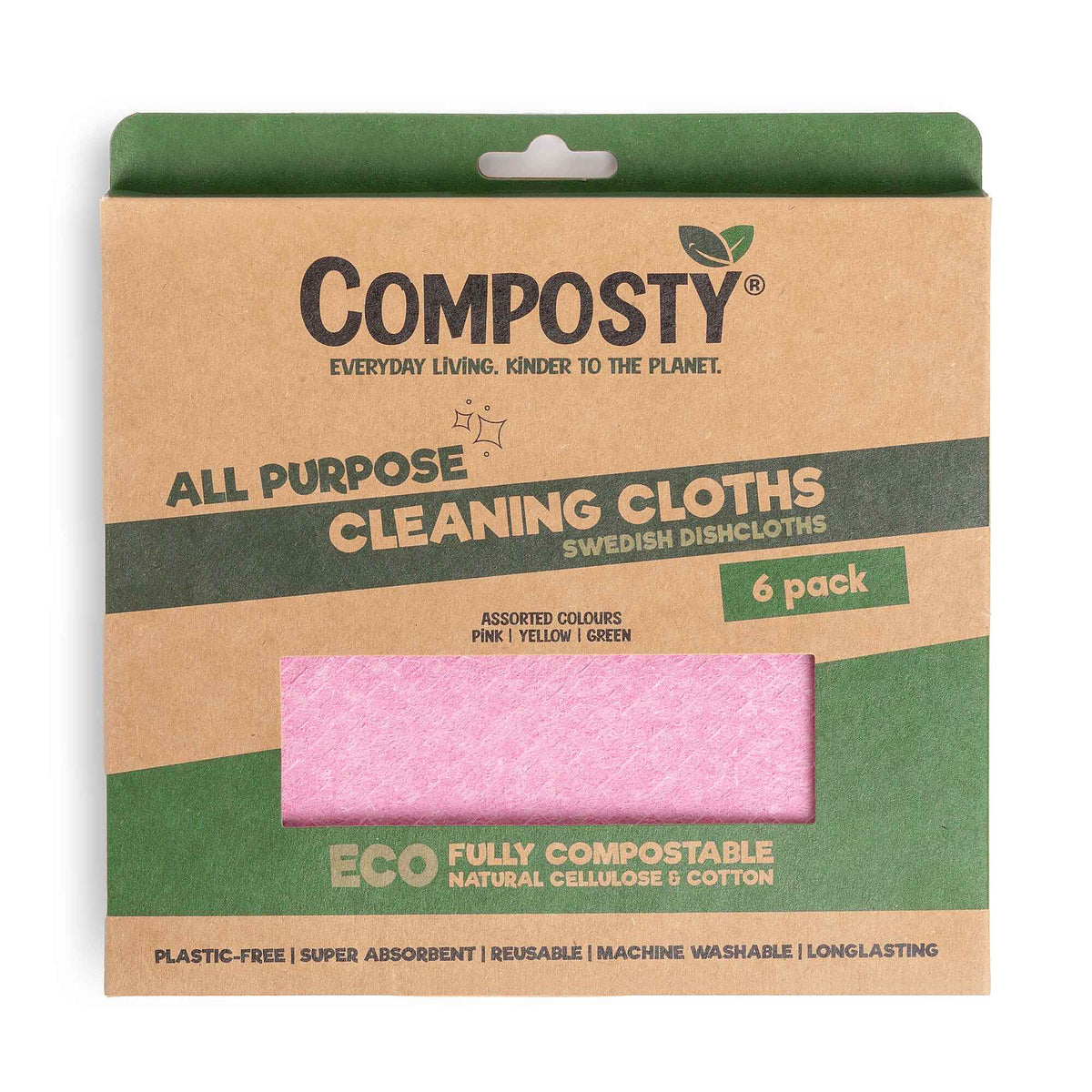 Composty Swedish Dishcloths 6 Pack Assorted colours in compostable pack