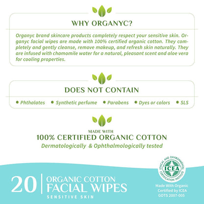 Cotton Facial Wipes 20pcs - Organyc - Face Wipes - Eco Natural Products