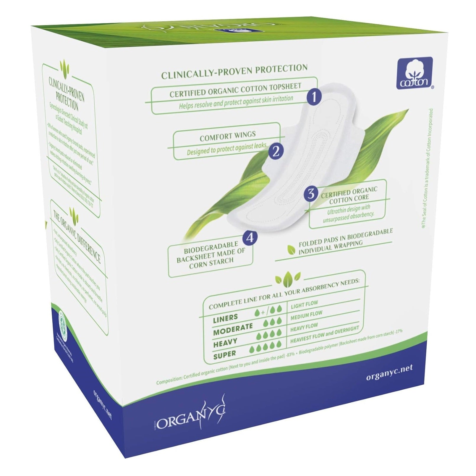 Cotton Sanitary Pads Heavy Flow Night Box of 10 - Organyc - Feminine Sanitary Supplies - Eco Natural Products