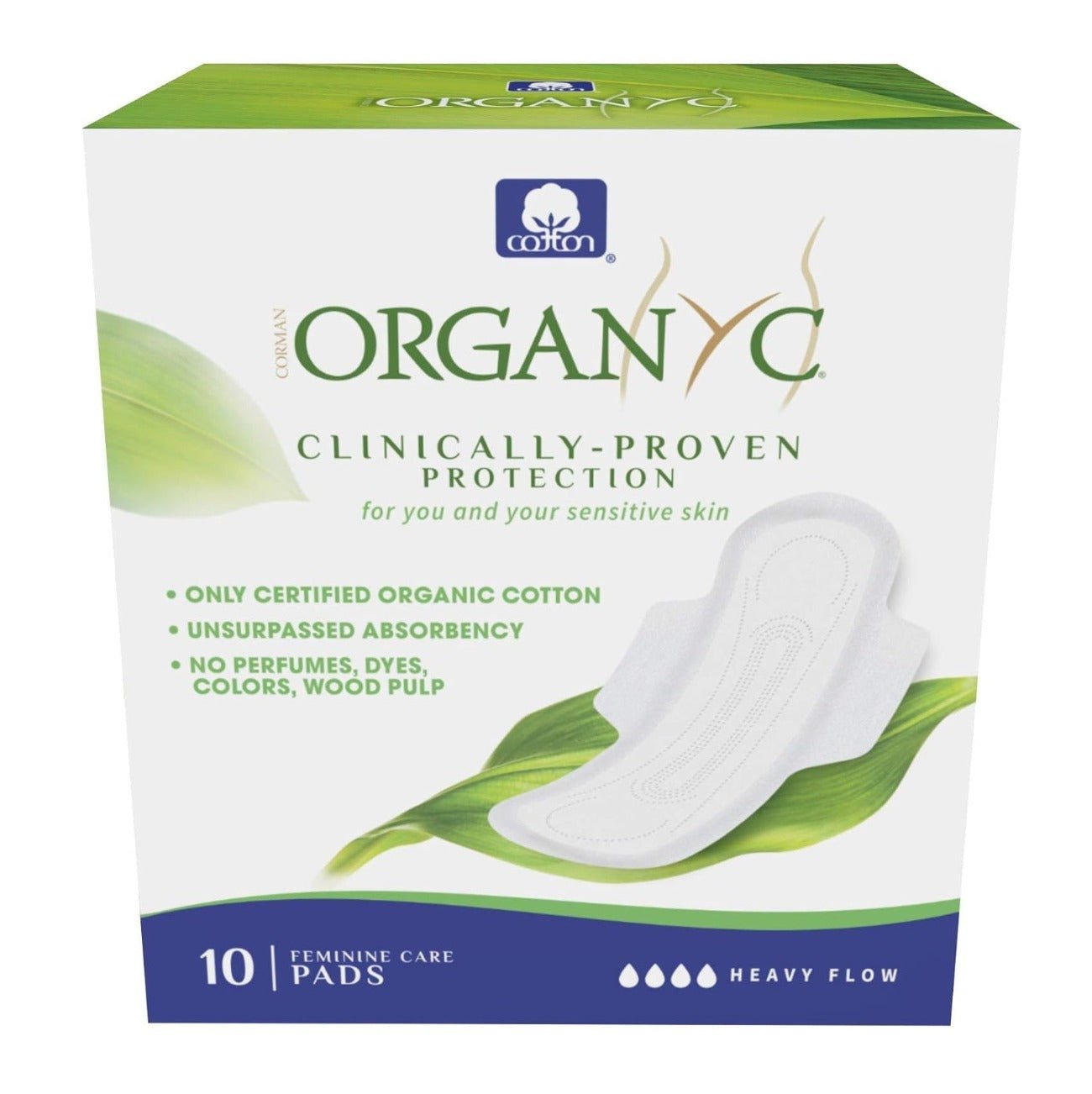 Cotton Sanitary Pads Heavy Flow Night Box of 10 - Eco Natural Products - Organyc - Feminine Sanitary Supplies