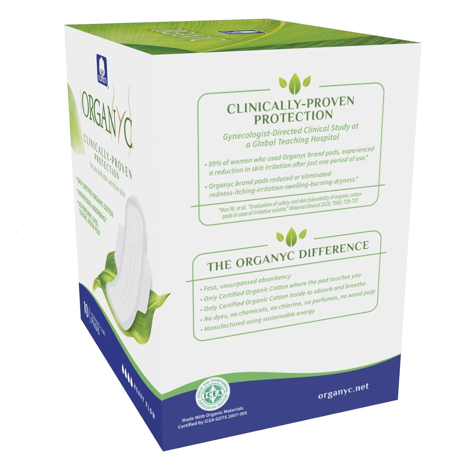 Cotton Sanitary Pads Heavy Flow Night Box of 10 - Organyc - Feminine Sanitary Supplies - Eco Natural Products