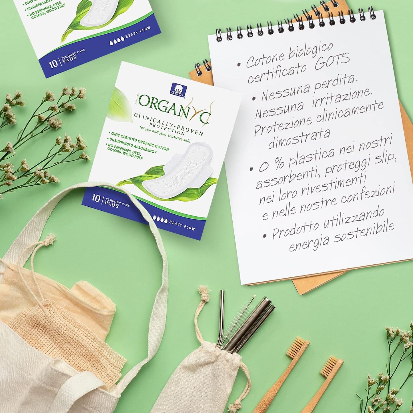 Cotton Sanitary Pads Heavy Flow Night Box of 10 - Organyc - Feminine Sanitary Supplies - Eco Natural Products