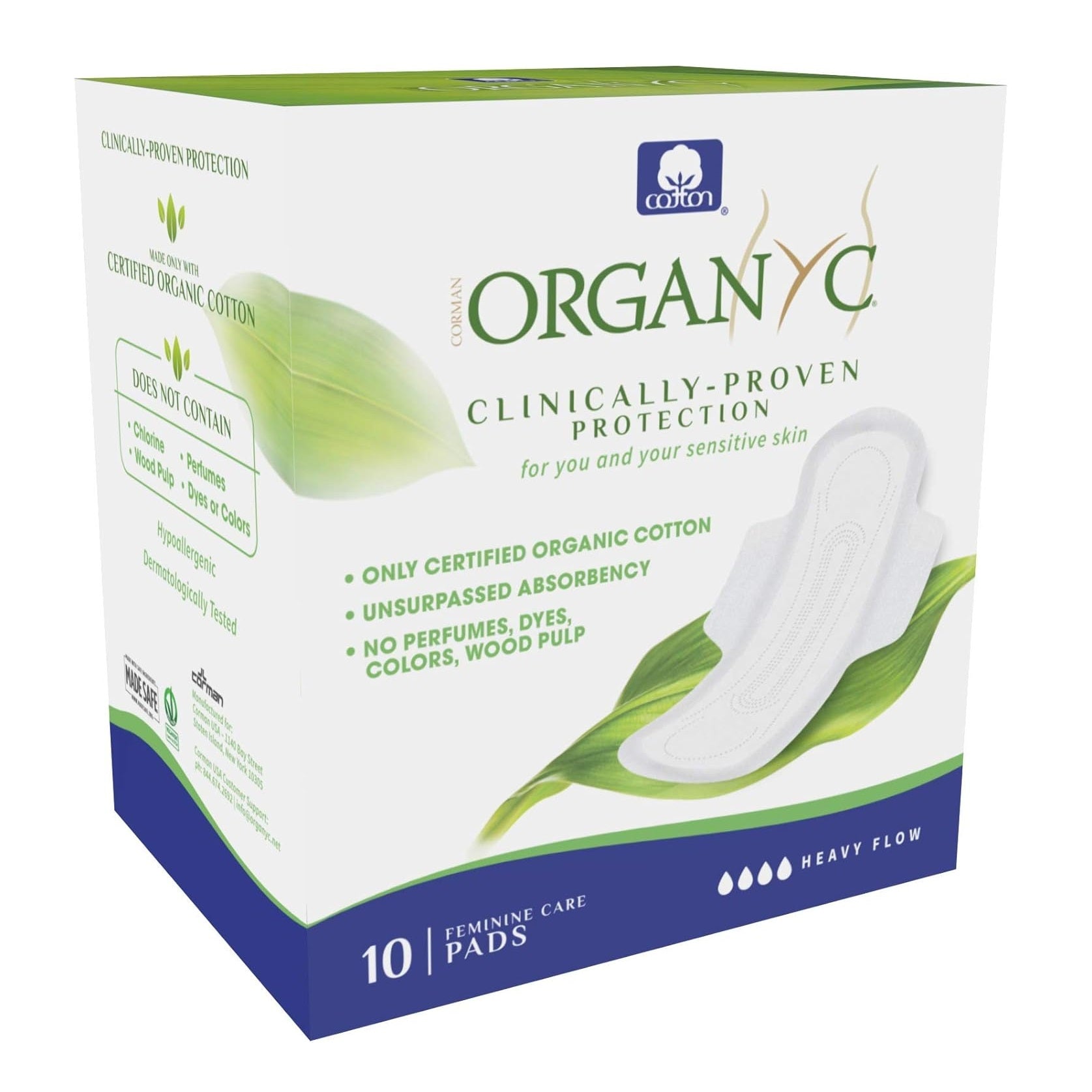 Cotton Sanitary Pads Heavy Flow Night Box of 10 - Eco Natural Products - Organyc - Feminine Sanitary Supplies