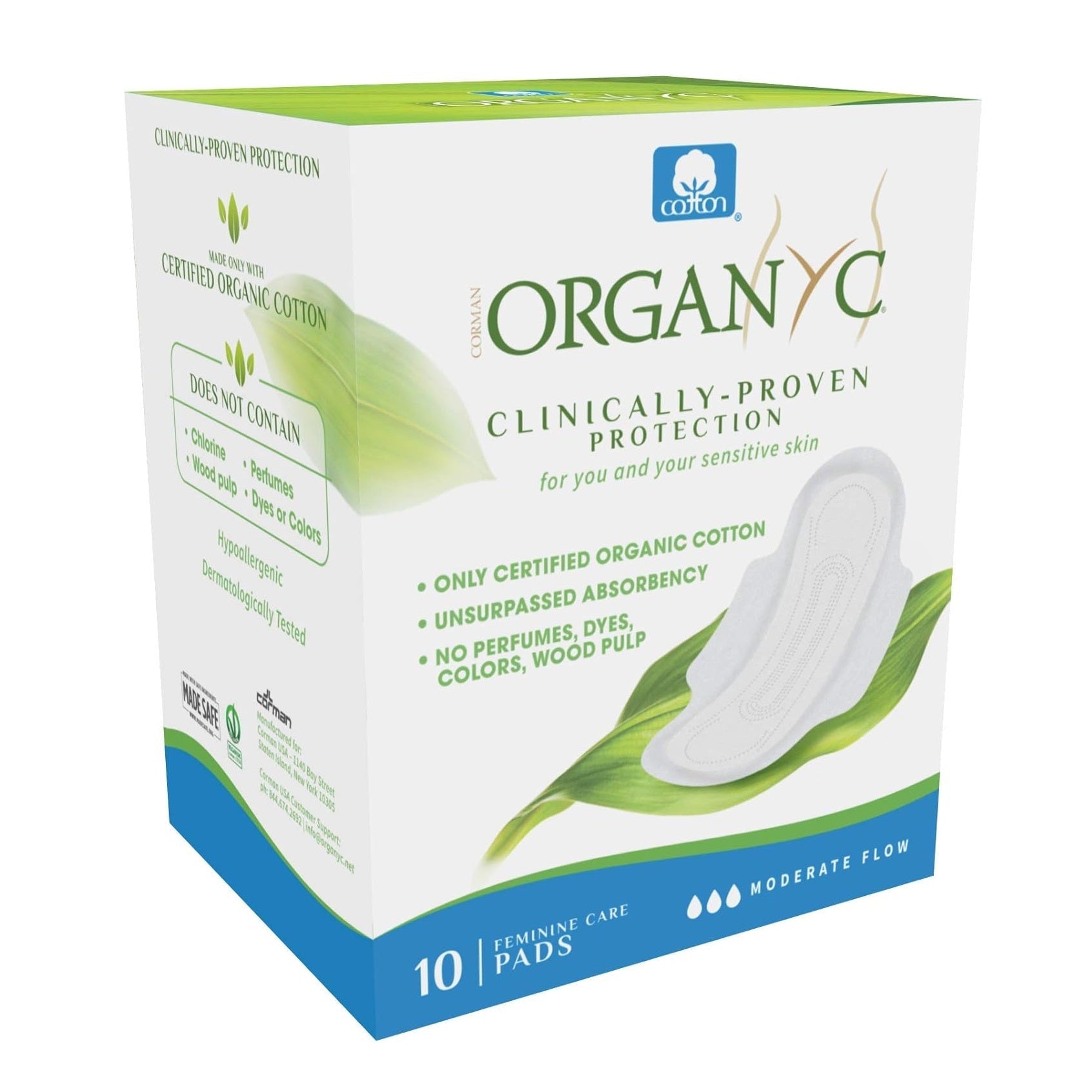 Cotton Sanitary Pads Moderate Flow Box of 10 - Eco Natural Products - Organyc - Feminine Sanitary Supplies