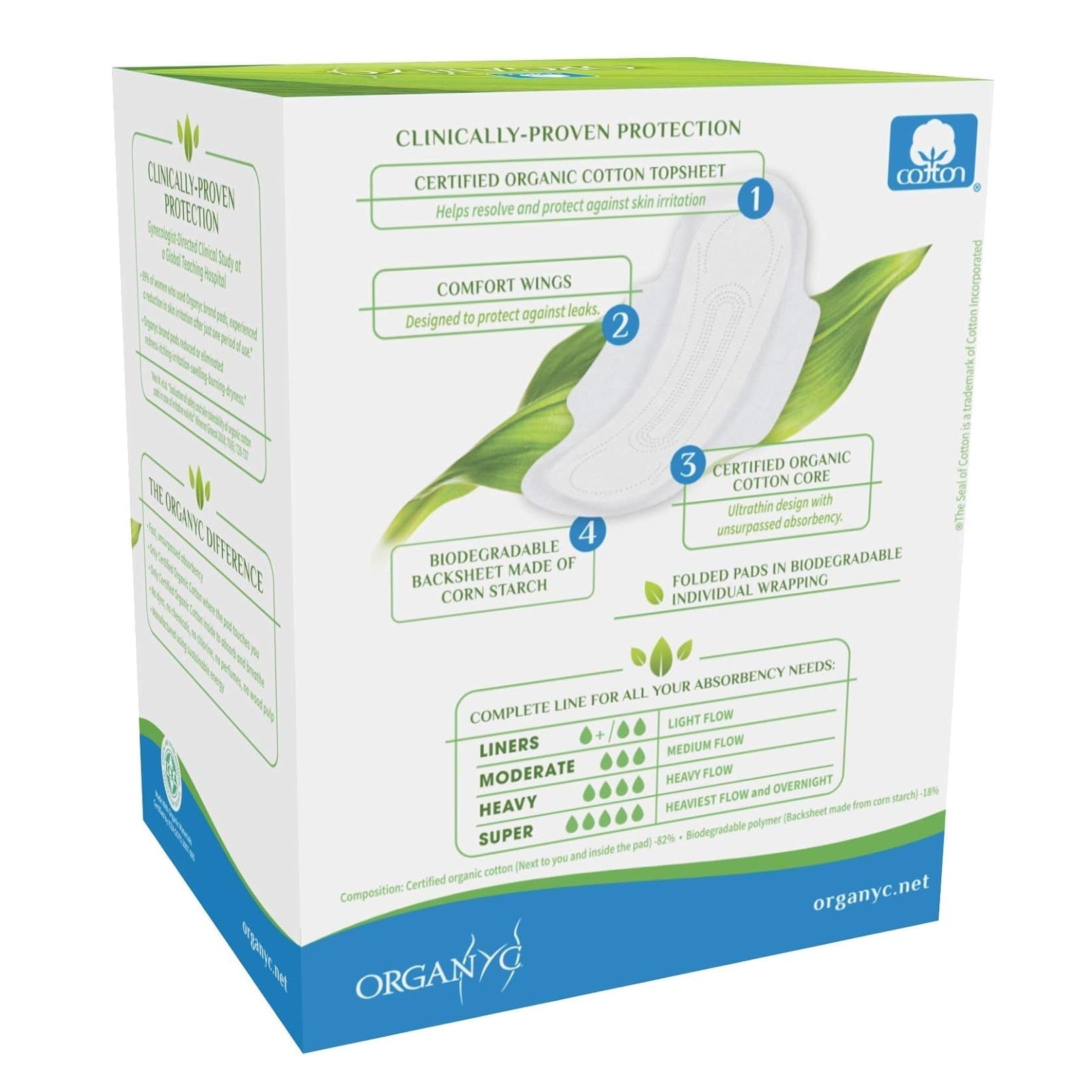 Cotton Sanitary Pads Moderate Flow Box of 10 - Organyc - Feminine Sanitary Supplies - Eco Natural Products