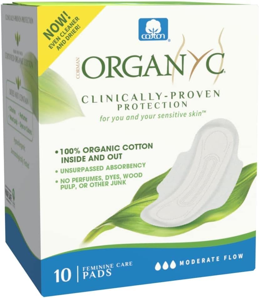 Cotton Sanitary Pads Moderate Flow Box of 10 - Organyc - Feminine Sanitary Supplies - Eco Natural Products