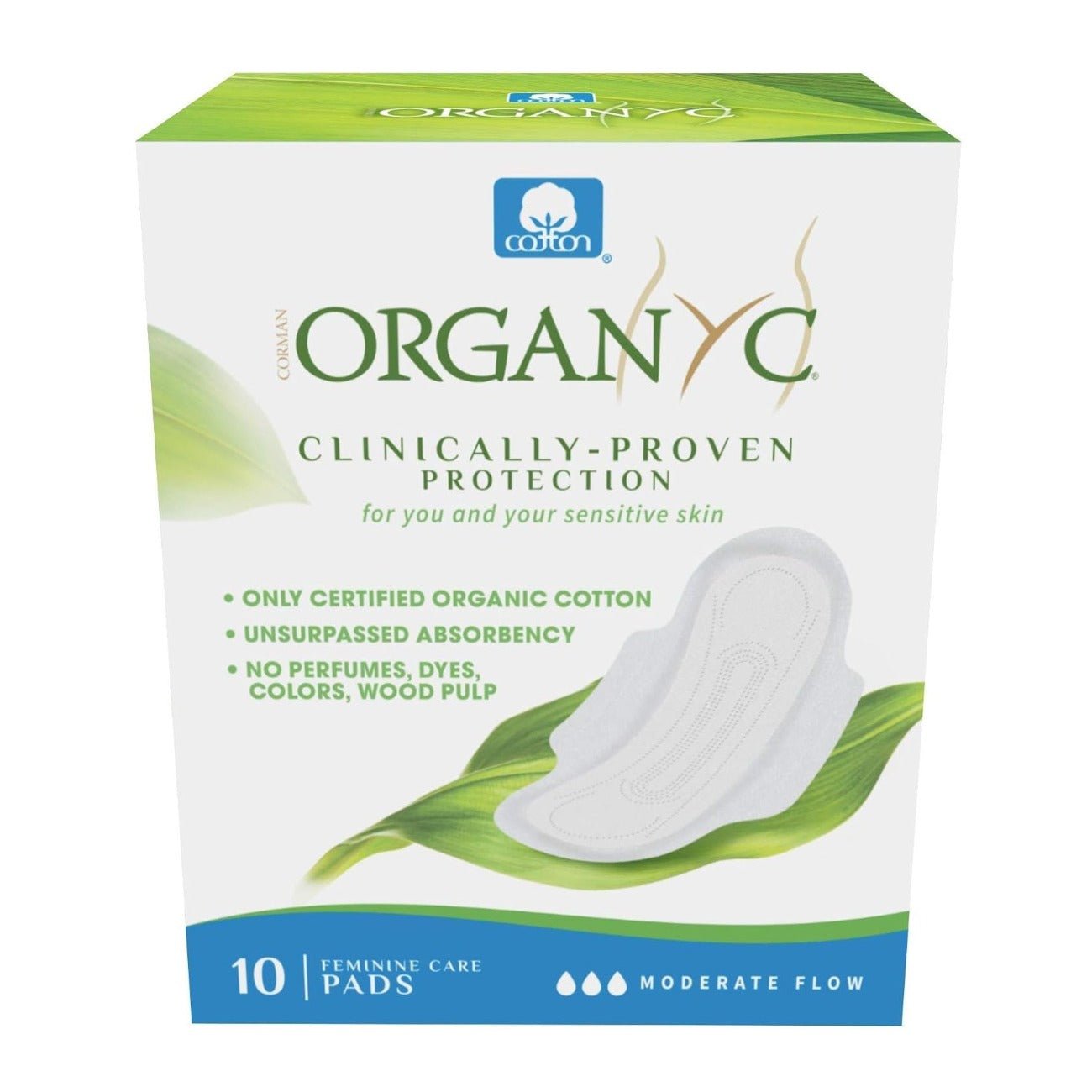 Cotton Sanitary Pads Moderate Flow Box of 10 - Eco Natural Products - Organyc - Feminine Sanitary Supplies