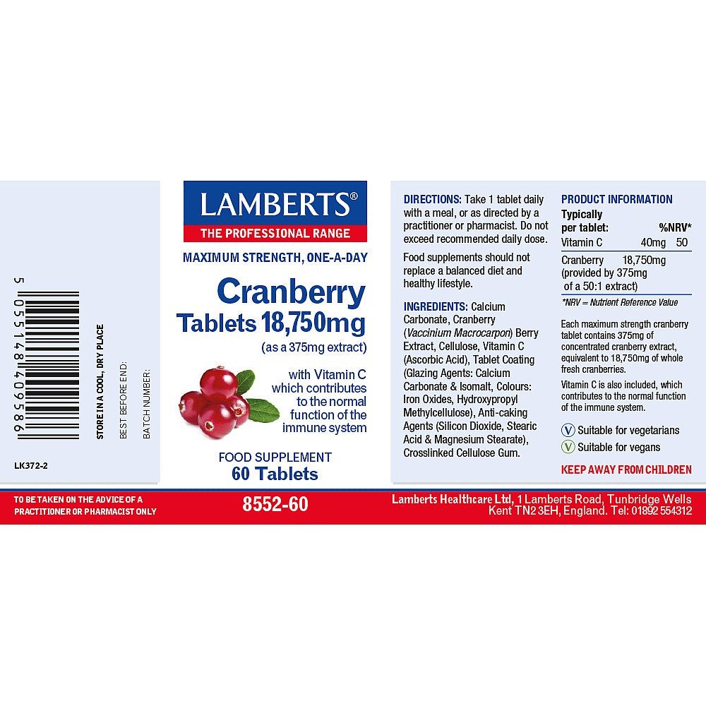 Cranberry Tablets 18,750mg 60 Tablets - Lamberts - Food Supplement - Eco Natural Products