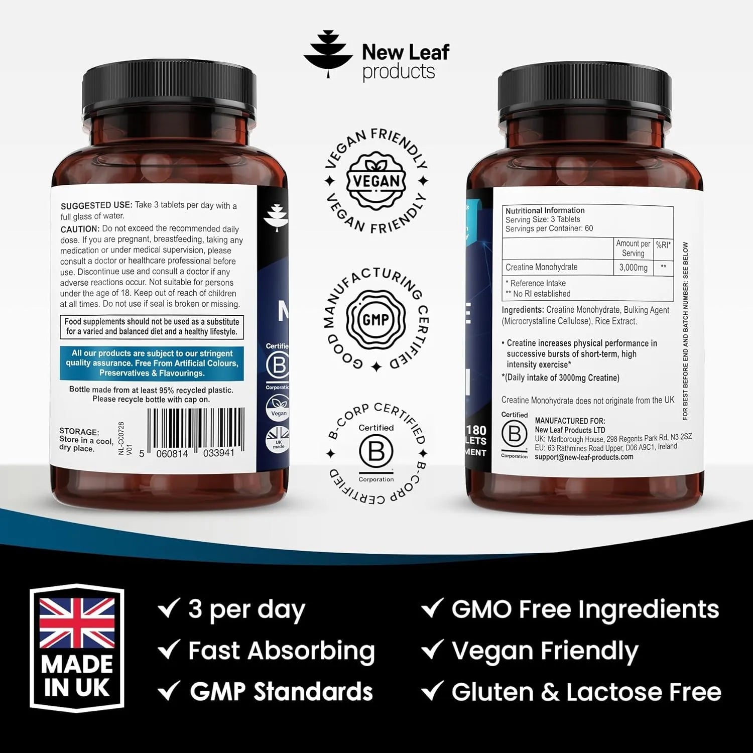 Creatine Monohydrate 3000mg 180 Capsules - New Leaf Products - Creatine - New Leaf Products