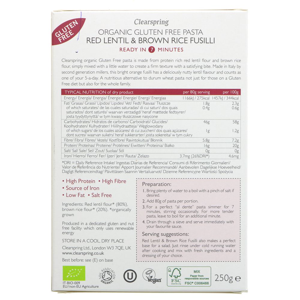 Organic Red Lentil & Brown Rice Gluten Free Pasta Fusilli 250g