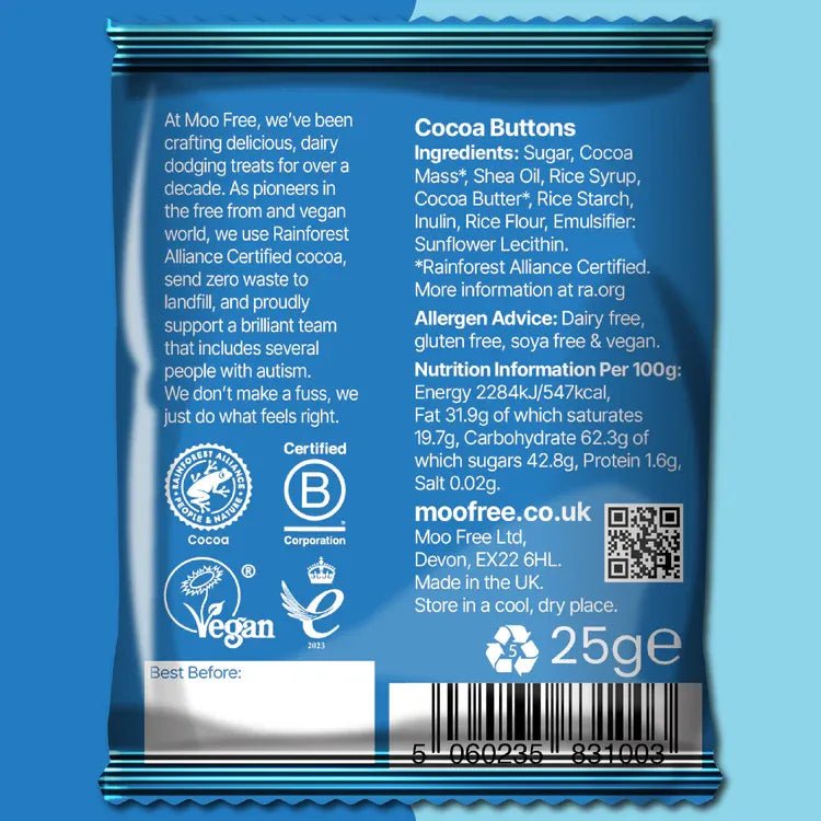Dairy Free & Vegan Milk Chocolate Buttons 25g BBE 04.12.2025 - Moo Free - Chocolates - Moo Free