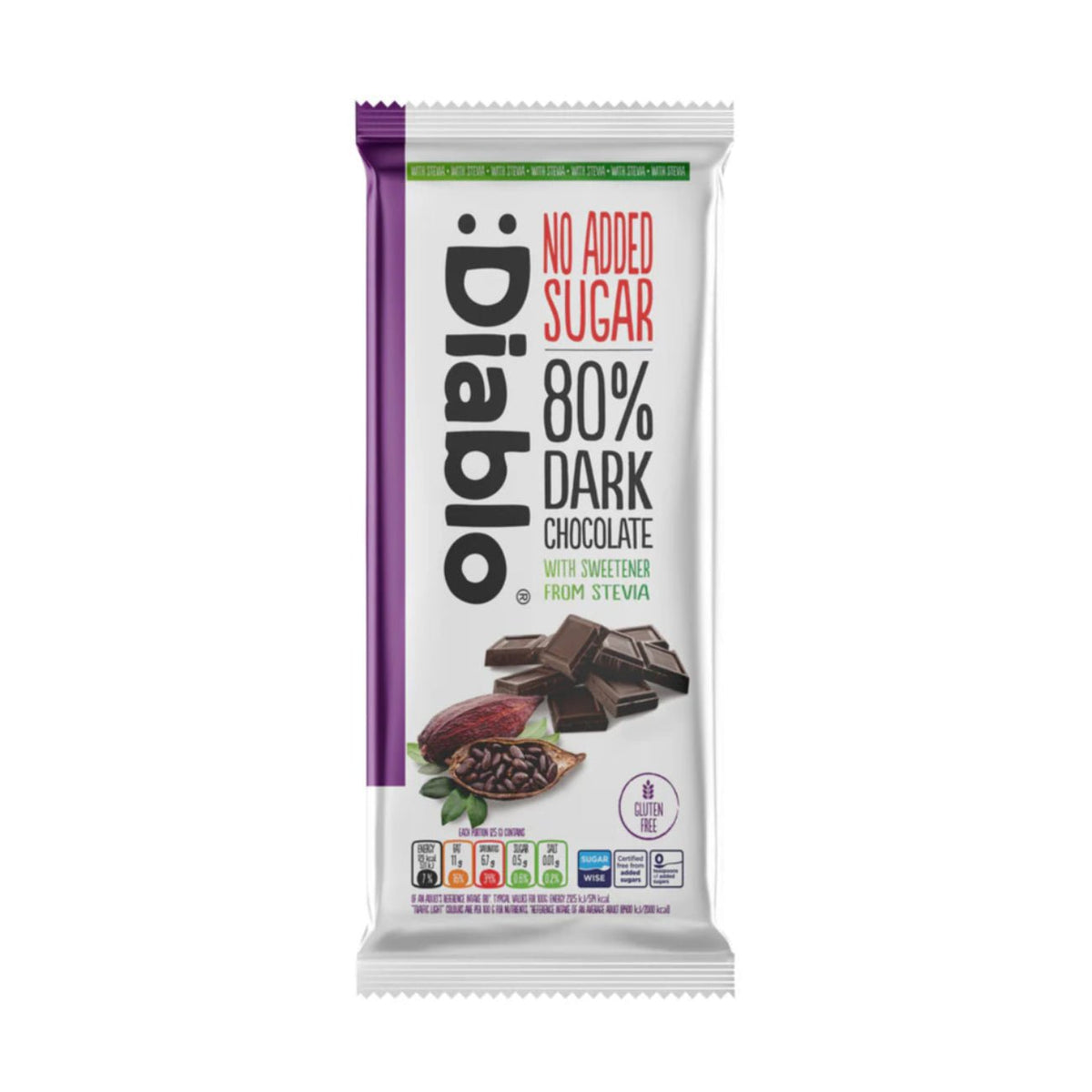 Dark Chocolate 80% with Stevia 75g - Diablo Sugar Free - Chocolate Bar - Diablo Sugar Free