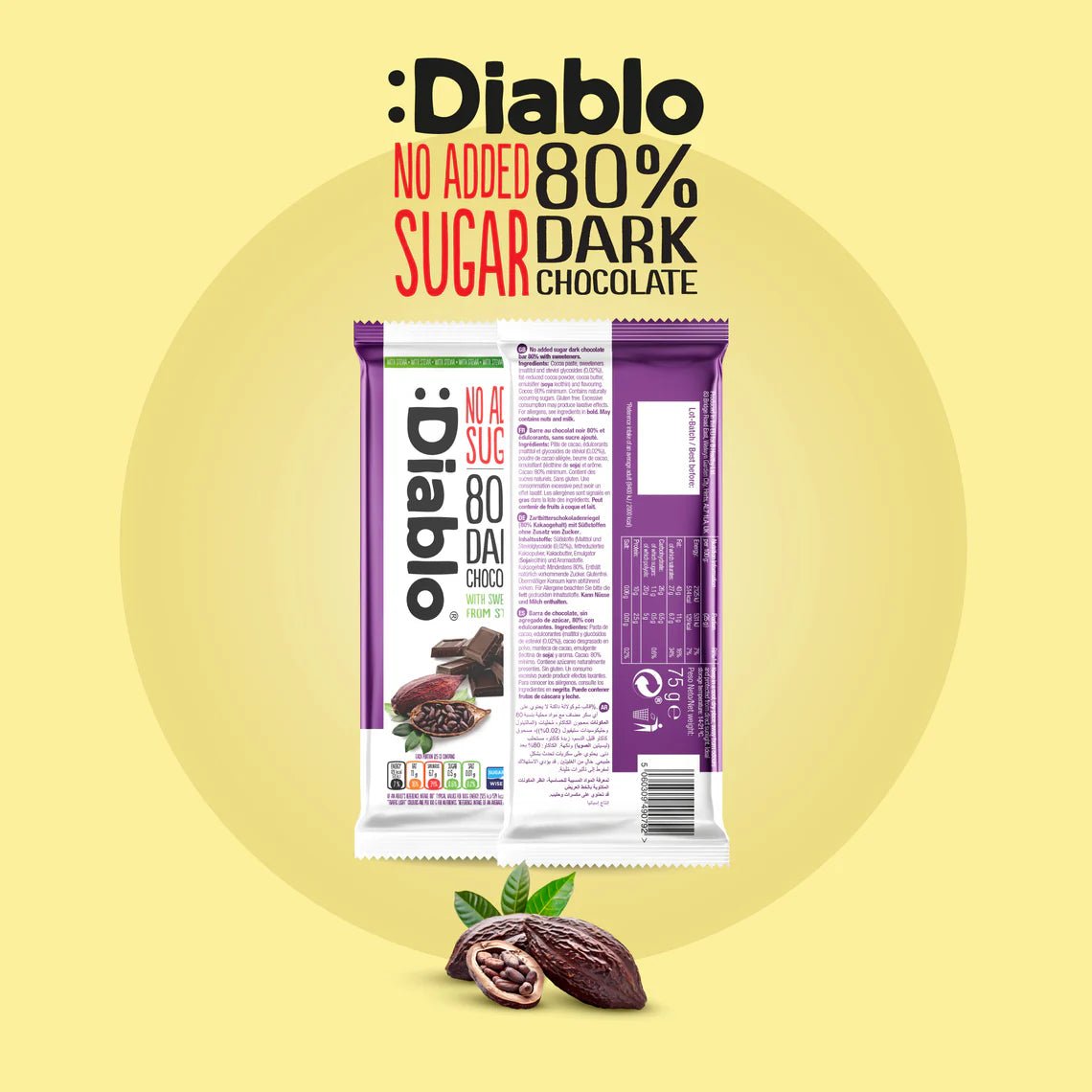 Dark Chocolate 80% with Stevia 75g - Diablo Sugar Free - Chocolate Bar - Diablo Sugar Free
