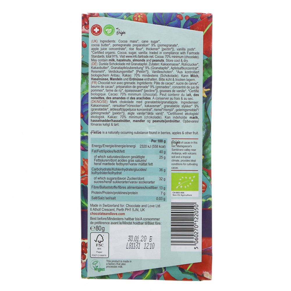 Dark Chocolate & Pomegranate 70% 80g - Eco Natural Products - Chocolate and Love - Chocolate