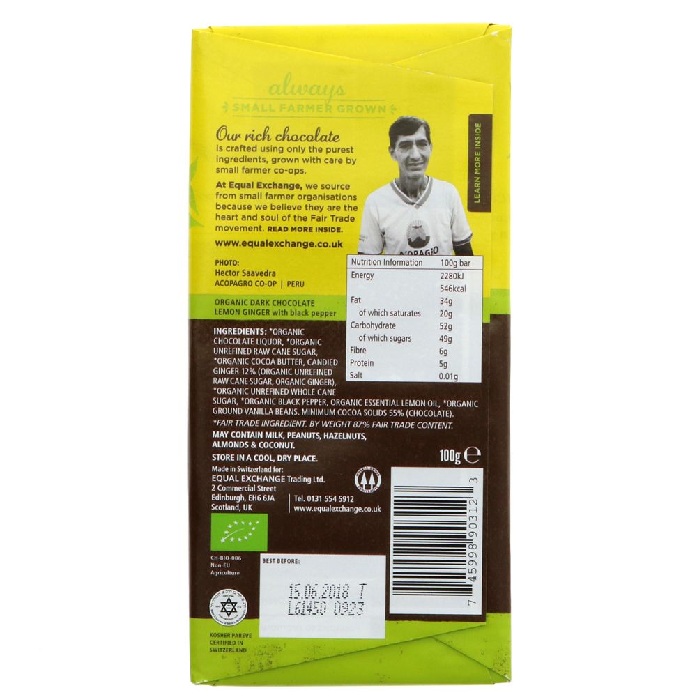 Dark Chocolate with Lemon and Ginger Chocolates Bar 100g - Eco Natural Products - Equal Exchange - Chocolate