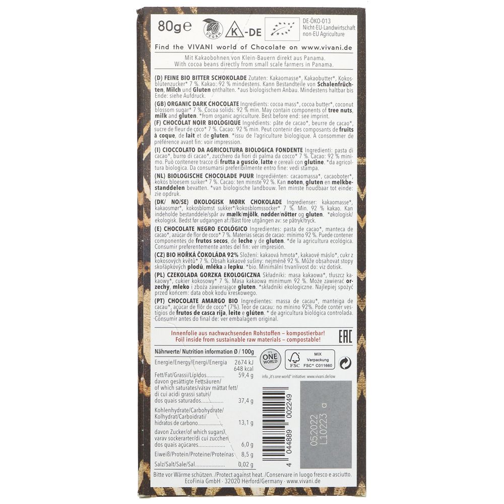 Dark with 92% Panama Cocoa Chocolate 80g - Vivani - Chocolate Bar - Eco Natural Products