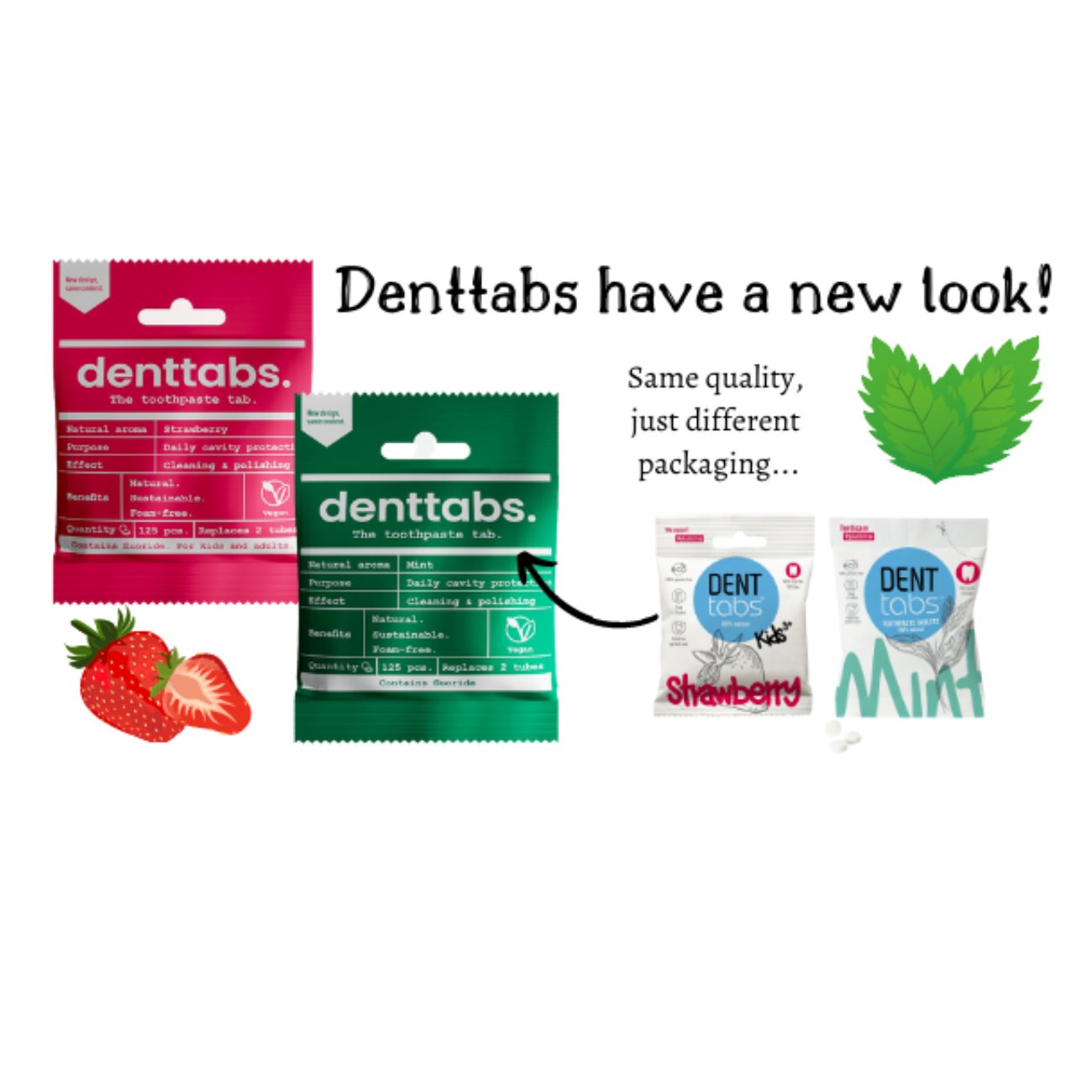 Dental Tablets Kids Strawberry Flouride Free 125 tabs - Denttabs - Toothpaste Tablets - Eco Natural Products