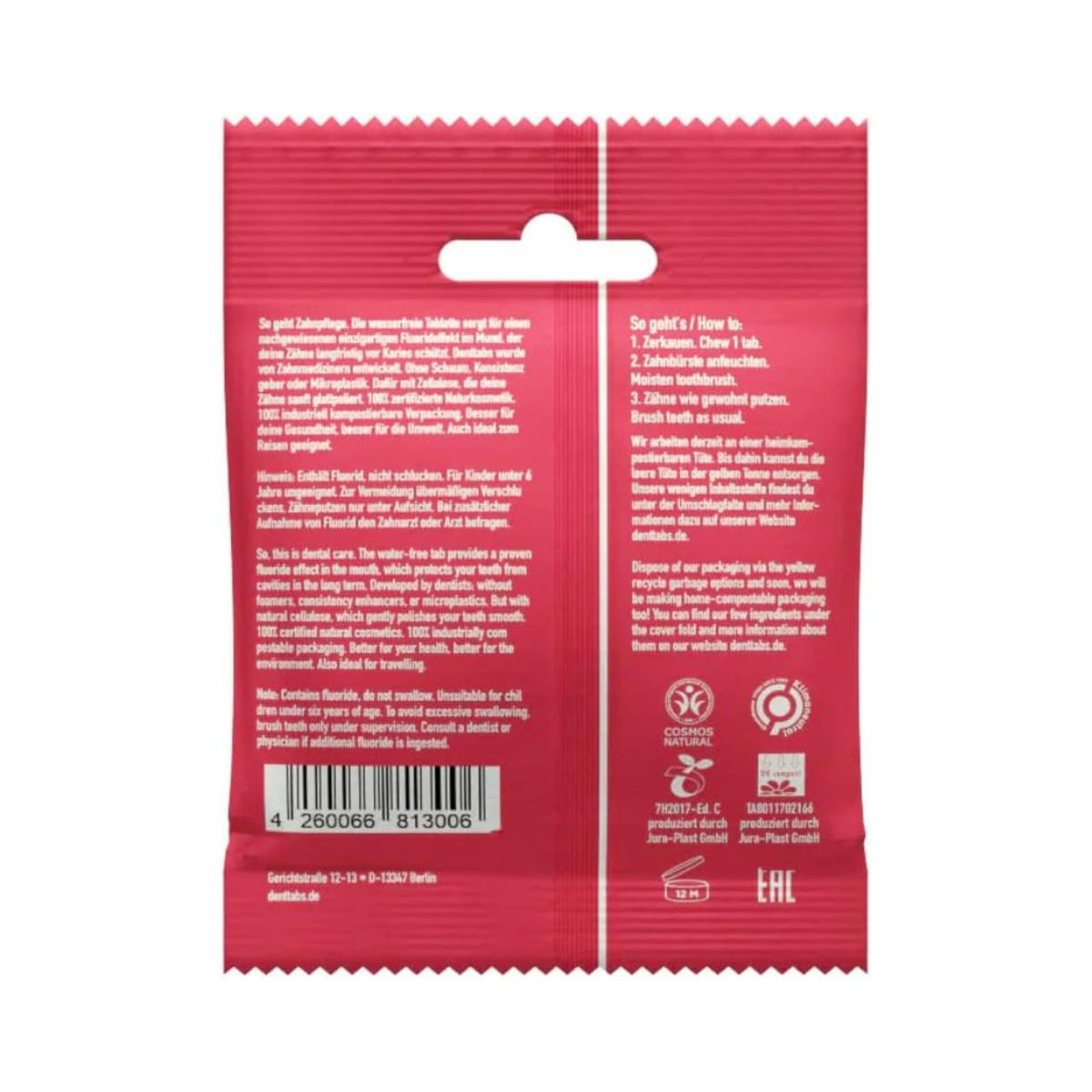 Dental Tablets Kids Strawberry with Flouride 125 tabs - Denttabs - Toothpaste Tablets - Eco Natural Products