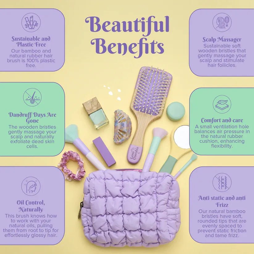 Hair care products with text highlighting benefits on a yellow background featuring Love Cocobo bamboo natural hair brush